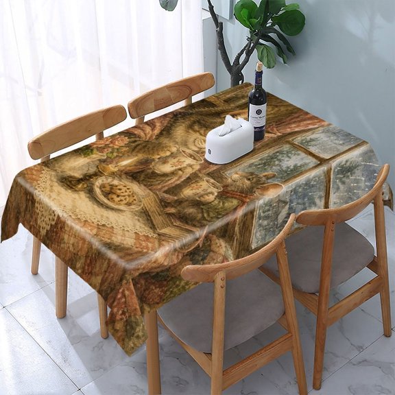 Chilfamy Cozy Rainy Day Tea Friends Rectangle Dining Tablecloth, Washable Wipeable Stain & Wrinkle Resistant Polyester Tablecloth for Kitchen Picnic Party