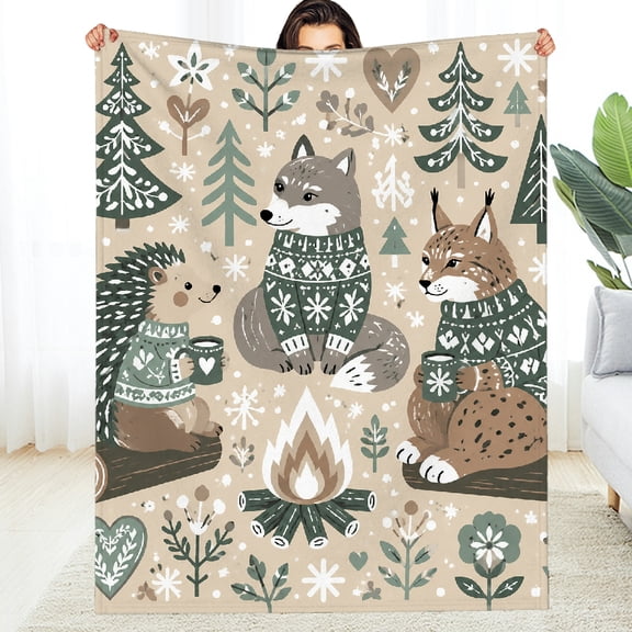 Chilfamy Cozy Woodland Campfire Gathering Fuzzy Bedding for the Couch, Soft Napping All-Season Blanket , Soft Throw for Couch, Travel, Camping