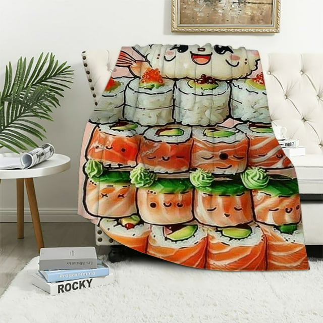 Chilfamy Cute Sushi Blanket Pink Japanese Food Kawaii Roll Smiling Faces Throw Blankets Gifts