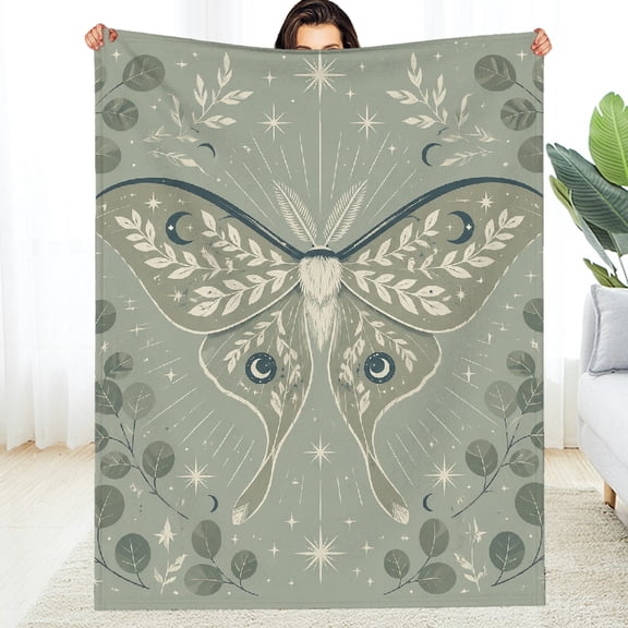 Chilfamy Decorative Blanket, Celestial Moth Sage Fuzzy Bedding for the Couch - Air Conditioning Reversible Soft Throw for Couch, Travel, Camping