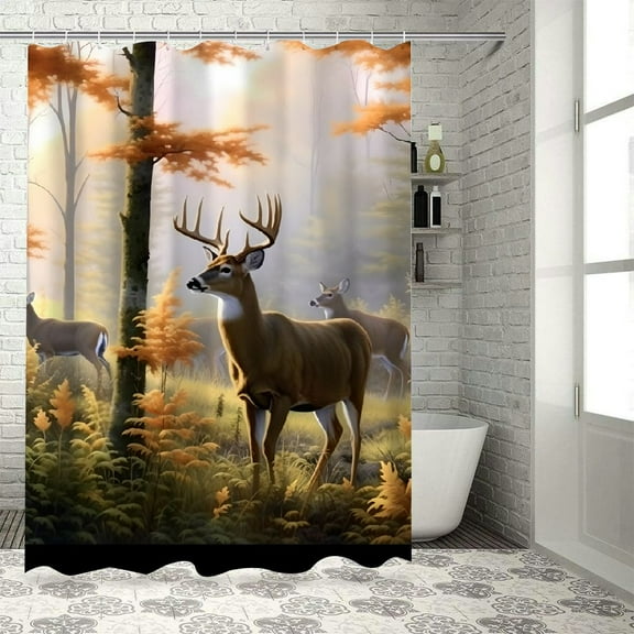 Chilfamy Deer Forest Trees Shower Curtain Set with Hooks, Polyester Fabric Bathroom Decor, Washable, Various Sizes 36x72