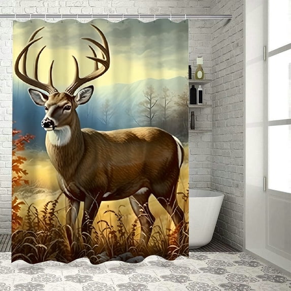 Chilfamy Deer Grass Flowers Shower Curtain with Hooks, Cloth Fabric Bathroom Decor Set 100% Polyester Fiber Home Bathtubs Decoration 69x72