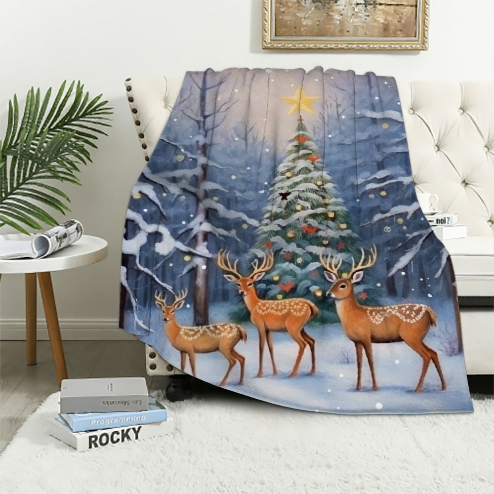 Chilfamy Deer Snowy Forest Christmas Tree Print Throw Blanket for Bed