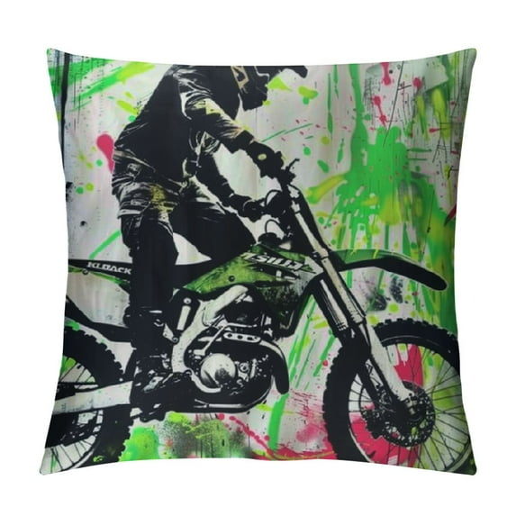 Chilfamy Dirt Bike Rider Double Sides Print Pillow Cover,Extreme Sports Motorcycle Hippie Graffiti Pillowcase Soft Square Cushion Case,Neon Green Throw Pillow Covers for Decoratons White