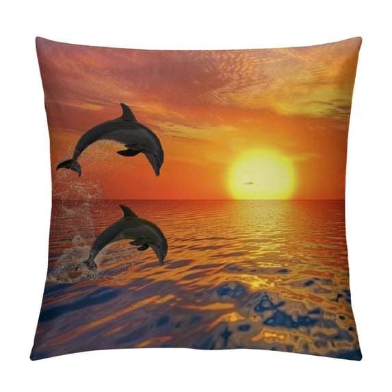 Chilfamy Dolphin Sea Sunset Decorative Throw Pillow Cover Pillow Case Soft Square Cushion Pillow Cover Farmhouse Rustic Home Decor for Sofa Living Room Couch Bed White