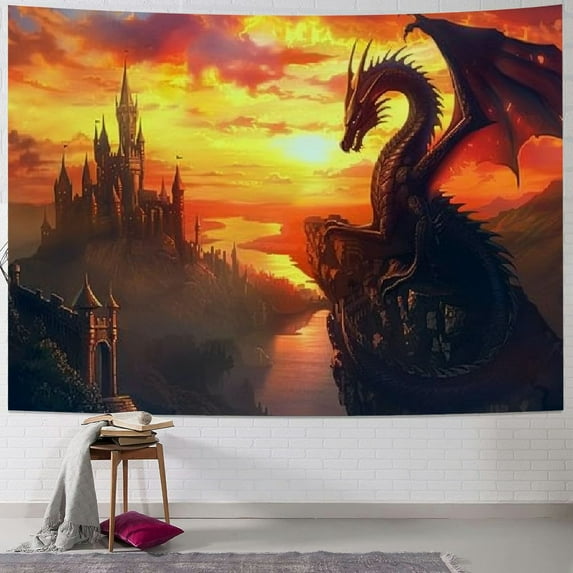 Chilfamy Dragon Tapestry, Medieval Fantasy World Blue Fire Dragon Tapestry ,Dragon Poster, Dragon Wall Art, Psychedelic Gothic Trippy Dragon Wall Blanket for Living Room Bedroom Dorm Decor Painting