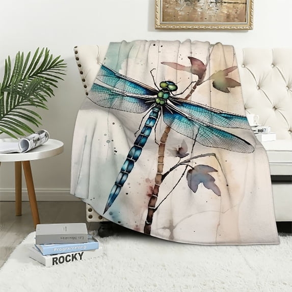 Chilfamy Dragonfly Leaves Watercolors Flannel Throw Blanket for Couch Sofa Bed Office Travel Camping - Exquisite Gift for All Seasons - Various Sizes Available 50x60in