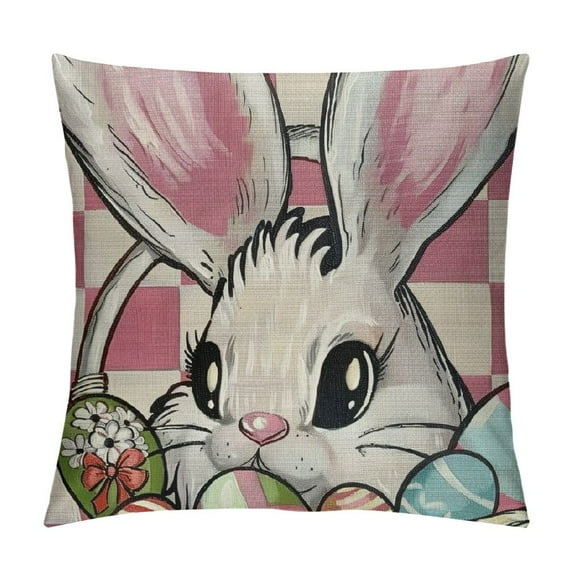 Chilfamy  Easter Bunny Decorative Throw Pillow Covers , Rabbit Chick Eggs Carrot Daisy Flower Porch Outdoor Home Decor, Pink Plaid Check Stripes Polka Dots Farmhouse Couch Cushion Case，Multi-Size