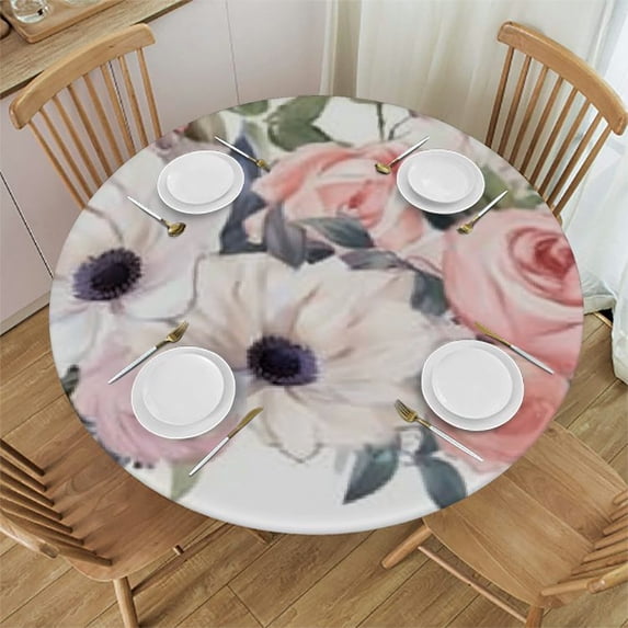 Chilfamy Elastic Edged Round Fitted Pink Roses Floral Green Leaves Table Cloth Cover for Indoor Outdoor Kitchen Party, Waterproof Wipeable Tablecloth for Tables 54-58