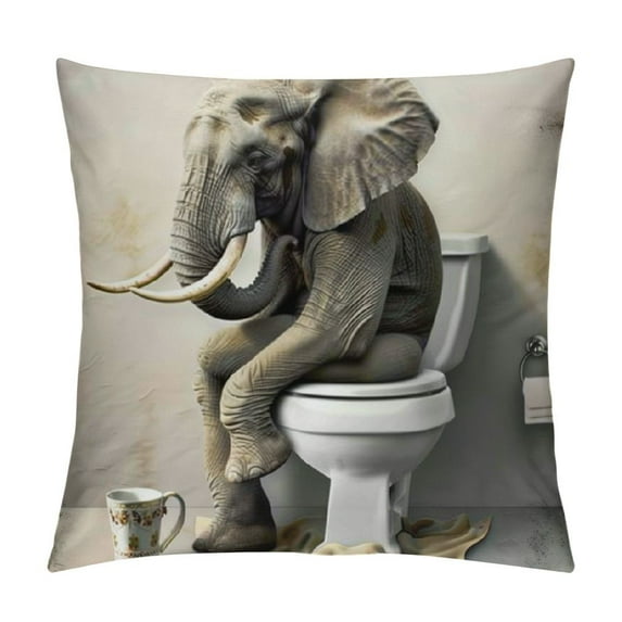 Chilfamy Elephant Square Throw Pillow Cover, Funny Animal Toilet Decorative Couch Pillowcase with Hidden Zipper, Double Side Print Throws Cushion Cover for Home Farmhouse White