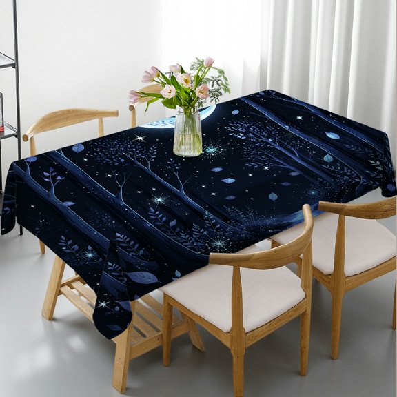 Chilfamy  Enchanted Forest Stream Under Glowing Moon Print Rectangle Dining Tablecloth, 2D Flat Printing  Holiday-Themed Design, Enchanted Forest Stream Under Glowing Moon