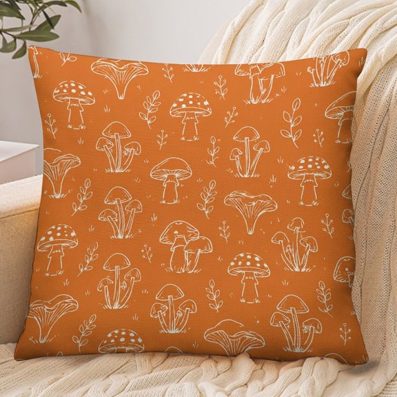 Chilfamy Envelope Throw Pillow Cover, Mushroom Plant Outline Pattern Orange Soft Polyester Farmhouse Modern Decorative Cushion Case for Home Bedroom Living Room,18x18 Inch