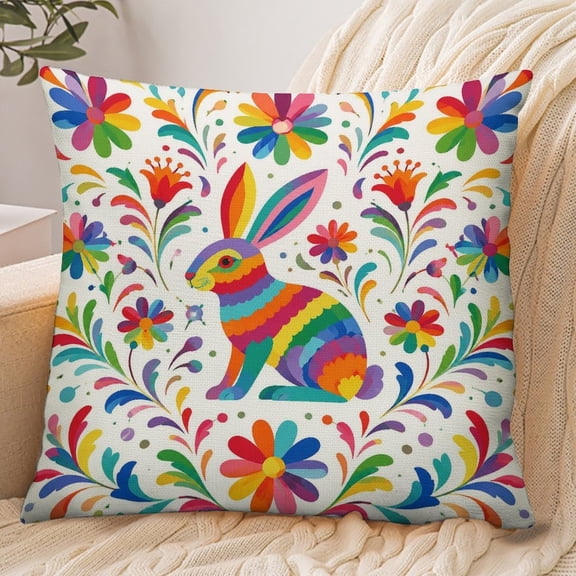 Chilfamy Envelope Throw Pillow Cover, Rainbow Rabbit Floral Alebrije Soft Polyester Farmhouse Modern Decorative Cushion Case for Home Bedroom Living Room,18x18 Inch