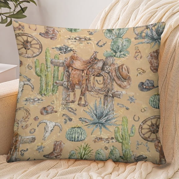 Chilfamy Envelope Throw Pillow Cover, Western Saddle Pattern On Tan Soft Polyester Farmhouse Modern Decorative Cushion Case for Home Bedroom Living Room,18x18 Inch