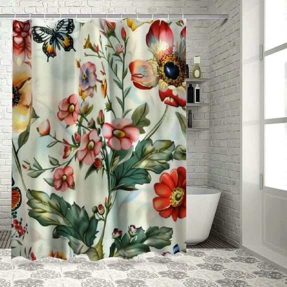 Chilfamy Extra Long Shower Curtain Length, Aesthetic Red and White Floral Shower Curtain Sets with Hooks for Bathroom,Water Resistant Polyester Fabric White