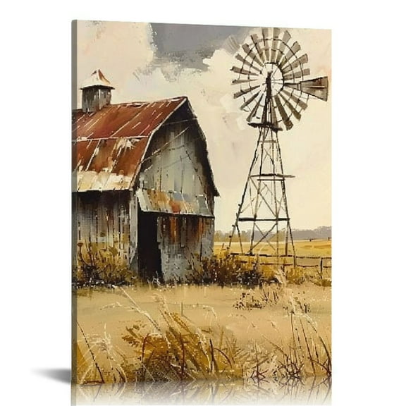 Chilfamy  Farmhouse Barn Canvas Wall Art Rustic Windmill Picture Print Vintage Country Painting for Bedroom Decor Frame 12x16 in