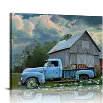 Chilfamy Farmhouse Blue Truck Canvas Wall Art for Bedroom Decor Country Old Barn and Flower Paintings Pictures for Home Decor with Framed 20x16in