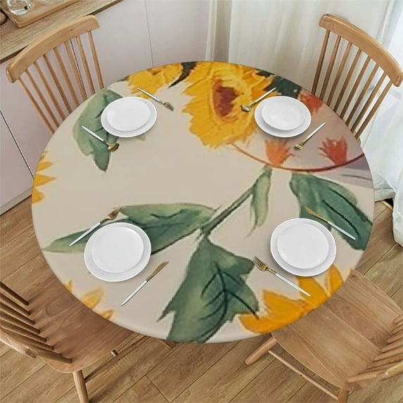 Chilfamy Farmhouse Round Table Cloth Plastic Cover, Waterproof Wipeable PVC Oilcloth Spillproof Tablecloth, Summer Round Outdoor Camping Tablecloth for Picnic Table, Yellow Sunflower 38-42
