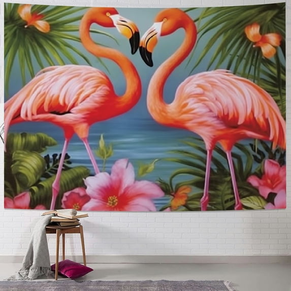 Chilfamy  Flamingo Tapestry, Illustration of Flamingo with Tropical Garden Hibiscus Flower Plant Vintage, Wide Wall Hanging for Bedroom Living Room Dorm 40x30inch