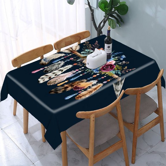 Chilfamy Floral Arrow Feathers Beads Rectangle Dining Tablecloth, Washable Wipeable Stain & Wrinkle Resistant Polyester Tablecloth for Kitchen Picnic Party