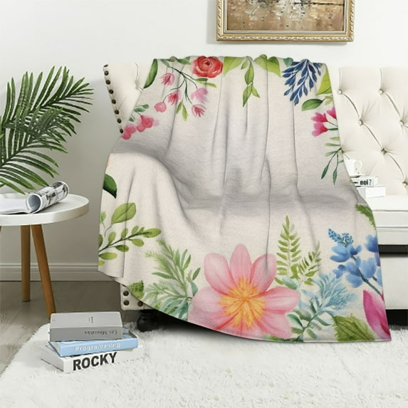 Chilfamy Floral Border Print Lightweight Soft Throw Blanket for Bed Couch Car - Kids Adults All Seasons