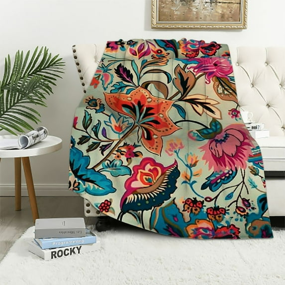 Chilfamy Floral Pattern Throw Blanket, Beige and Turquoise Watercolor Flowers and Leaves Boho Throw Blanket, Flannel, Hand/Machine Wash, Single Sided Printed