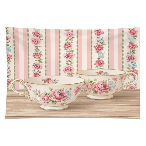 Chilfamy Floral Teacups Vintage Pattern Polyester Wall Tapestry Anti Wrinkle Art Hanging Decor for Bedroom Living Room Home Holiday Decoration Gift