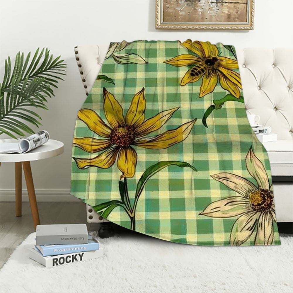 Chilfamy Flower Bee Pattern Print Throw Blanket Flannel Hand/Machine