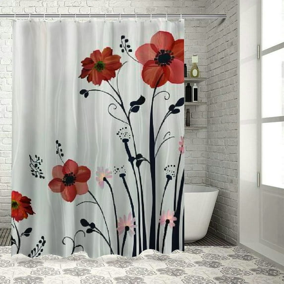 Chilfamy Flower Shower Curtain, Floral Petals with Striped Leaves and Lines Modern Style Geometrical Design Print, Cloth Fabric Bathroom Decor Set with Hooks, Red Black White