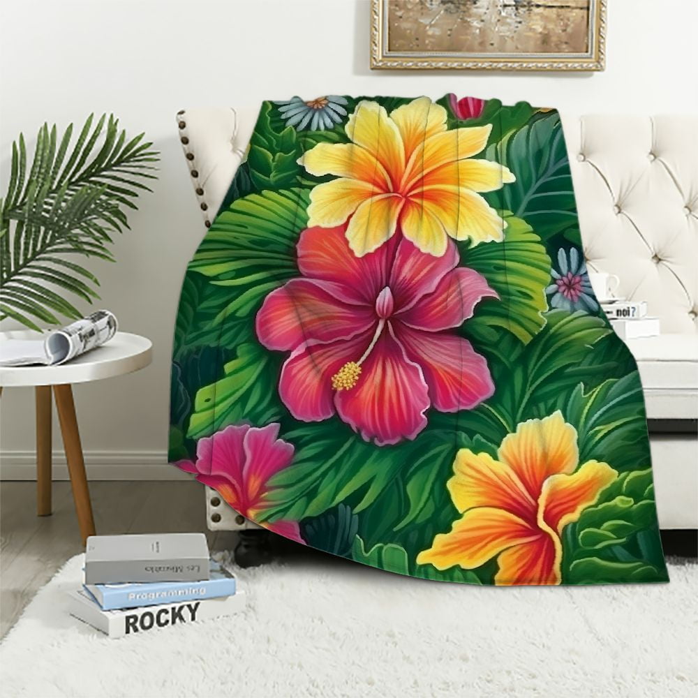 Chilfamy Flowers Leaves Green Print Flannel Throw Blanket All Seasons