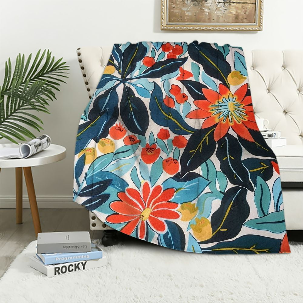 Chilfamy Flowers Leaves Pattern Print Flannel Throw Blanket, Long