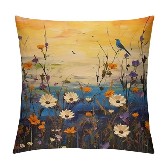Chilfamy Flowers Sunset Blue Bird Pillow Covers for Couch Sofa Indoor Outdoor Throw Pillow Cover Spring Pillow Case 1PC 18x18in
