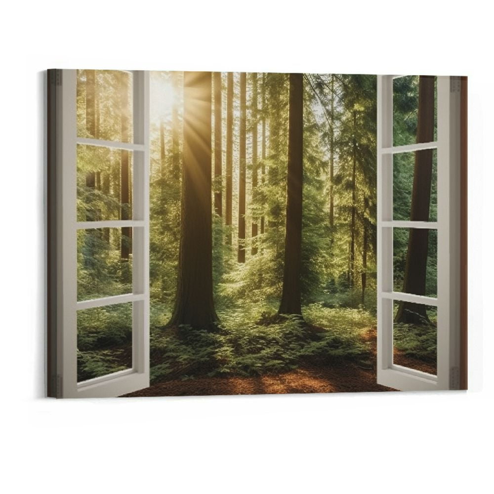 Chilfamy Forest Window View Wall Art Sunrise Landscape Canvas Picture