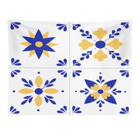Chilfamy Four Floral Tiles Pattern Polyester Wall Tapestry Anti Wrinkle Art Hanging Decor for Bedroom Living Room Home Holiday Decoration Gift