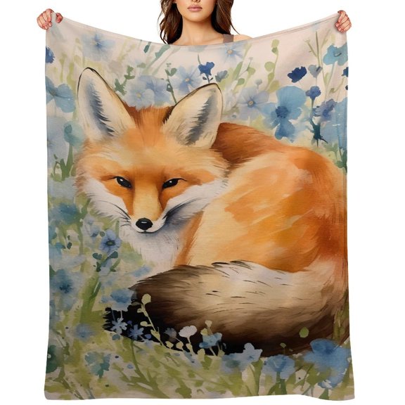 Chilfamy Fox Blue Flowers Watercolor Soft Flannel Throw Blanket, Lightweight Fuzzy Warm Cozy Blanket for Couch Bed Home Travel Decor