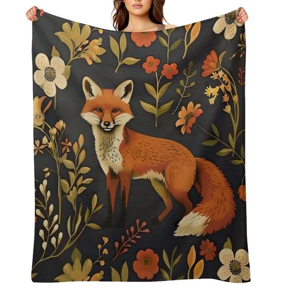Chilfamy Fox Maximalism Floral Soft Flannel Throw Blanket, Lightweight Fuzzy Warm Cozy Blanket for Couch Bed Home Travel Decor