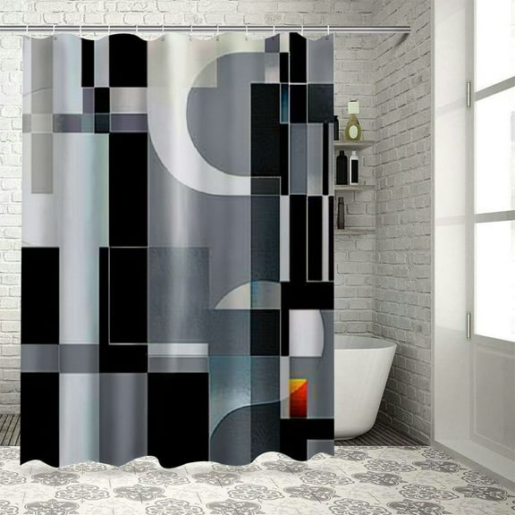 Chilfamy  Geometric Fabric Shower Curtain Set, Abstract Mid Century Modern Minimalist Waterproof Shower Curtain for Bathroom Decor, Black and White Black Grey 36x72