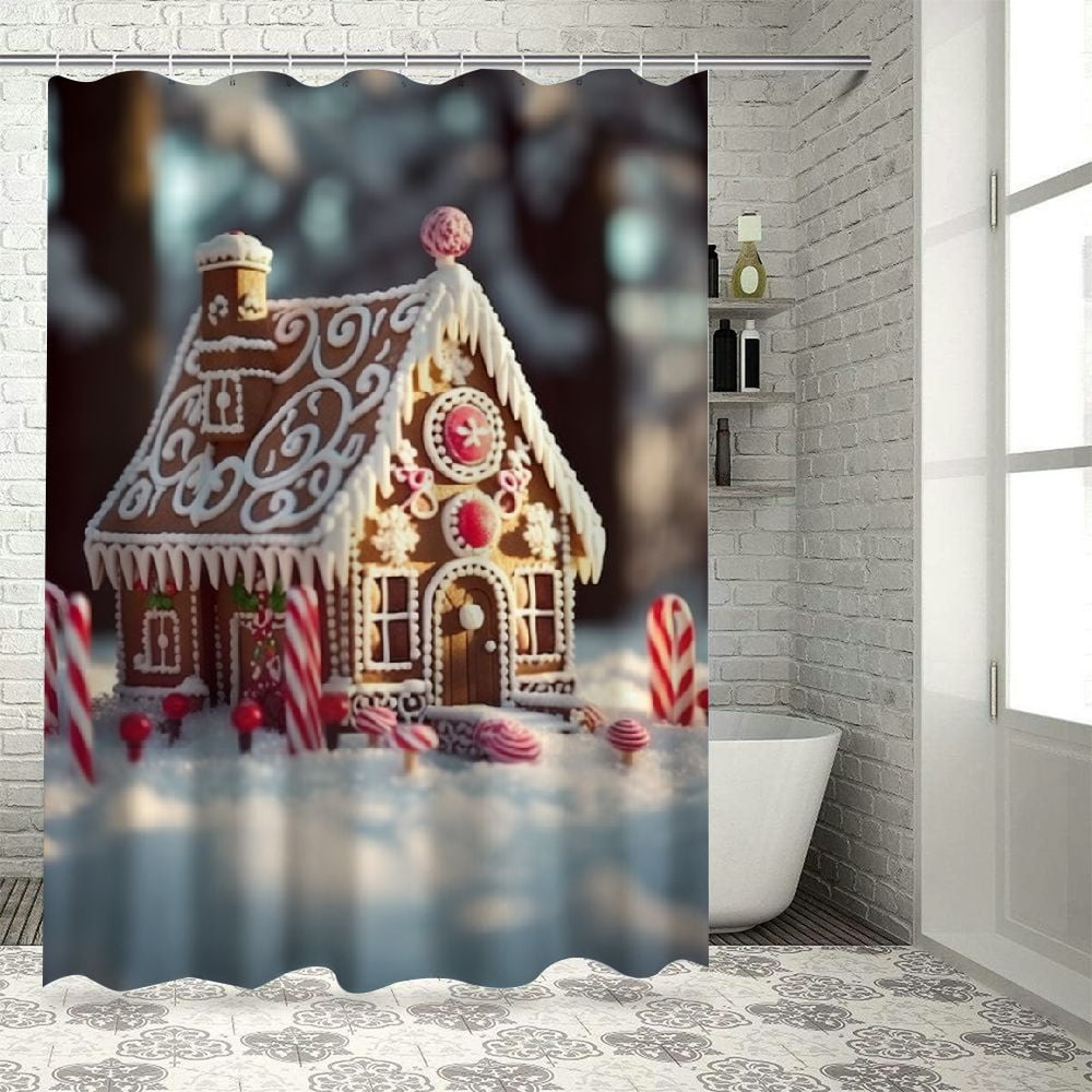 Chilfamy Gingerbread House Candy Canes Snow Printed Shower Curtain Decor with Hooks, Modern Chic ...