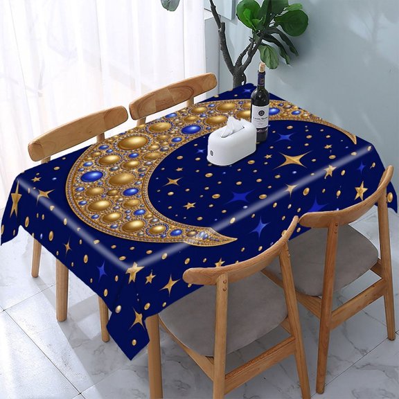 Chilfamy Gold Beaded Moon Rectangle Dining Tablecloth, Washable Wipeable Stain & Wrinkle Resistant Polyester Tablecloth for Kitchen Picnic Party