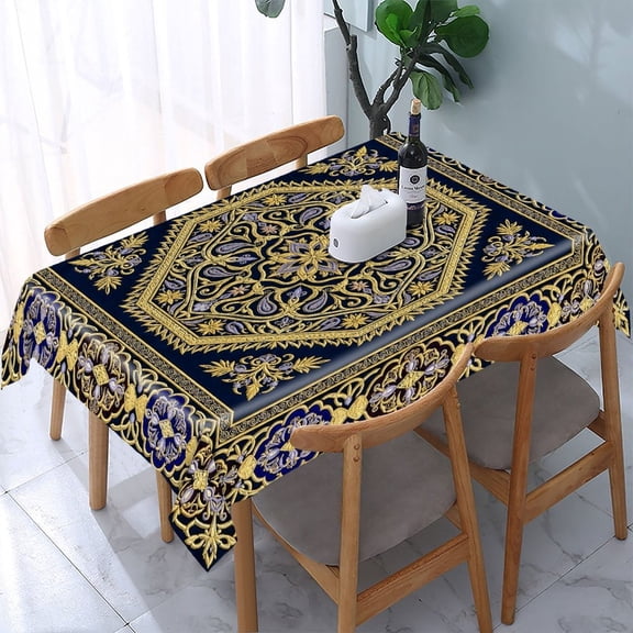 Chilfamy Gold Embroidery Octagon Frame Rectangle Dining Tablecloth, Washable Wipeable Stain & Wrinkle Resistant Polyester Tablecloth for Kitchen Picnic Party