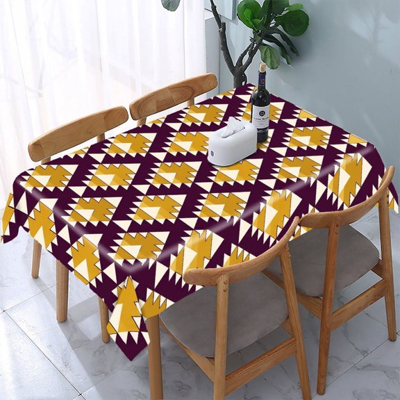 Chilfamy Gold Purple Triangle Pattern Rectangle Dining Tablecloth, Washable Wipeable Stain & Wrinkle Resistant Polyester Tablecloth for Kitchen Picnic Party