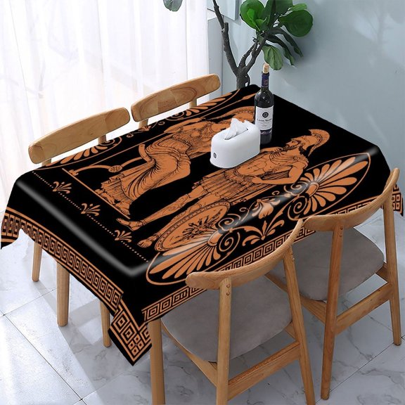 Chilfamy Greek Warrior Goddess Spear Art Deco Border Pattern Rectangle Dining Tablecloth, Washable Wipeable Stain & Wrinkle Resistant Polyester Tablecloth for Kitchen Picnic Party