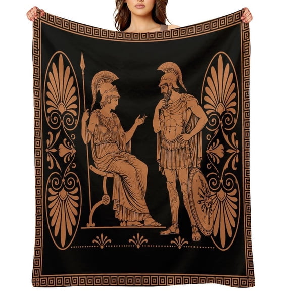 Chilfamy Greek Warrior Goddess Spear Art Deco Border Pattern Soft Flannel Throw Blanket, Lightweight Fuzzy Warm Cozy Blanket for Couch Bed Home Travel Decor
