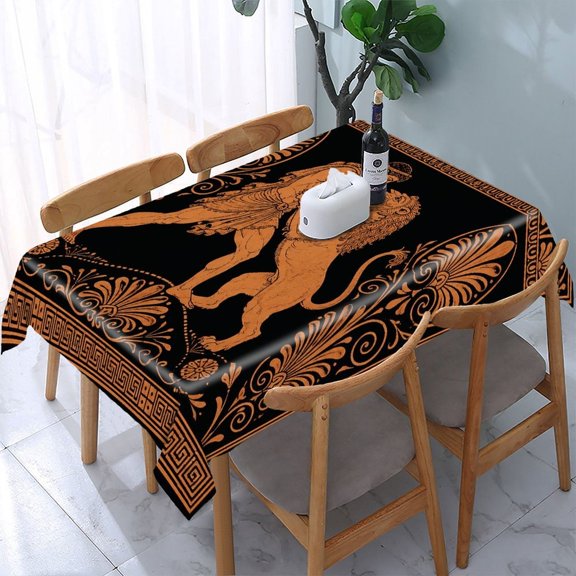 Chilfamy Greek Women Dancing Lyre Art Deco Border Pattern Rectangle Dining Tablecloth, Washable Wipeable Stain & Wrinkle Resistant Polyester Tablecloth for Kitchen Picnic Party