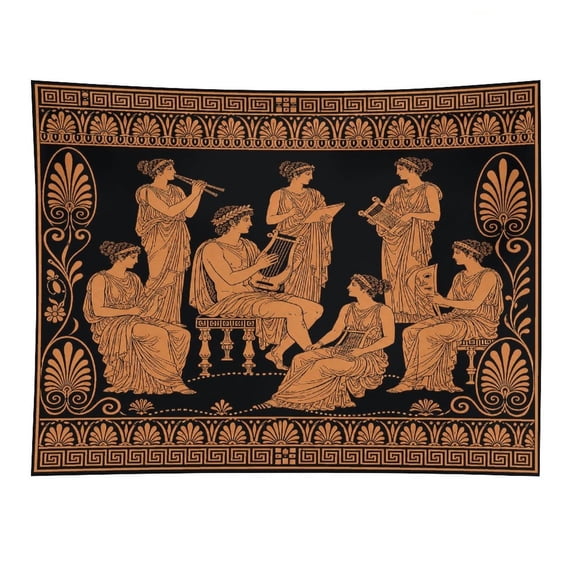 Chilfamy Greek Women Musicians Lyre Art Deco Border Pattern Polyester Wall Tapestry Anti Wrinkle Art Hanging Decor for Bedroom Living Room Home Holiday Decoration Gift