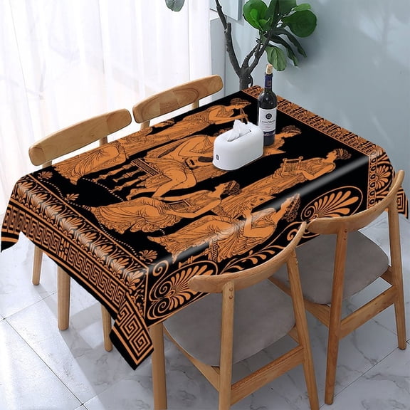Chilfamy Greek Women Musicians Lyre Art Deco Border Pattern Rectangle Dining Tablecloth, Washable Wipeable Stain & Wrinkle Resistant Polyester Tablecloth for Kitchen Picnic Party