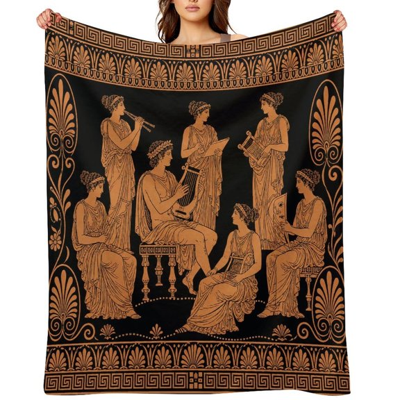 Chilfamy Greek Women Musicians Lyre Art Deco Border Pattern Soft Flannel Throw Blanket, Lightweight Fuzzy Warm Cozy Blanket for Couch Bed Home Travel Decor
