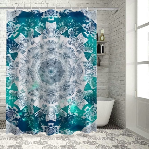 Chilfamy Grey and Teal Shower Curtain, Mandala Ombre Geometry Occult Pattern with Flower Lines Display Artwork, Cloth Fabric Bathroom Decor Set with Hooks, Teal Grey White