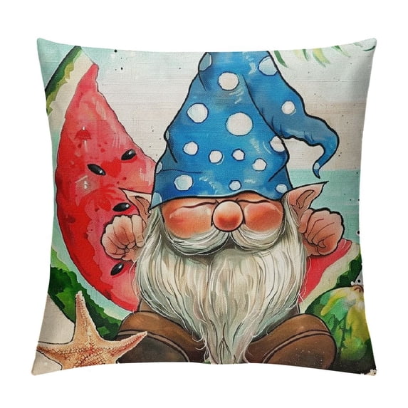Chilfamy Happy Summer Pillow Covers Watercolor Blue Stripes Gnome Truck Throw Pillow Case Hello Sunshine Decorative Cushion Cover for Home Office Sofa Couch Garden 20x20in