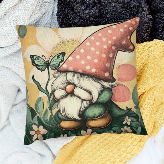Chilfamy Hello Spring Gnome Sunflower Decorative Throw Pillow Covers, Tulip Flower Just Bloom Porch Outdoor Home Decor, Pink Floral Butterfly Seasonal Couch Cushion Case 20x20in